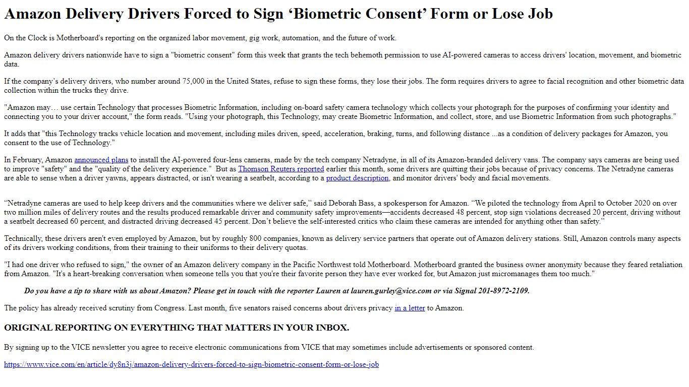 Amazon Delivery Drivers Forced to Sign ‘Biometric Consent’ Form or Lose ...